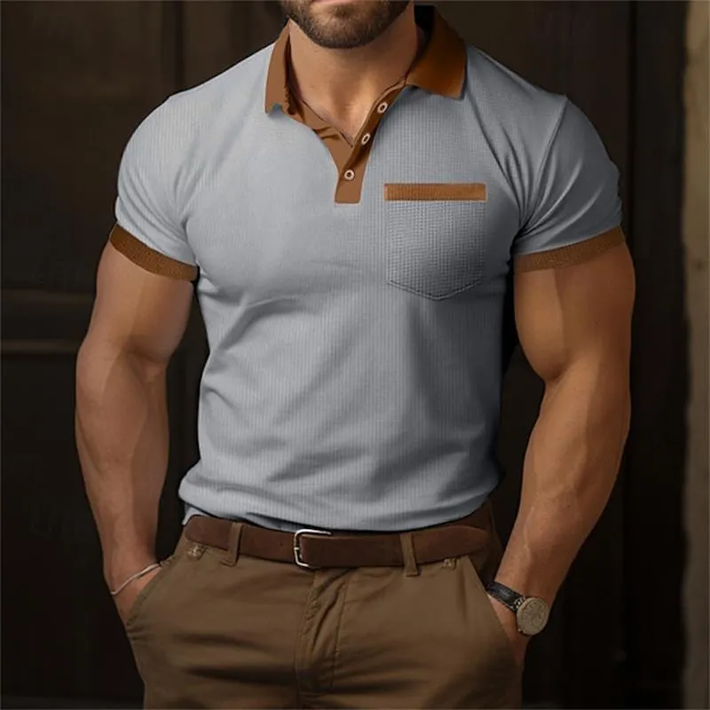 Men's Casual Contrast Waffle Lapel Patch Pocket Short Sleeve Polo Shirt 25164125M sold by Manly product image thumbnail 2
