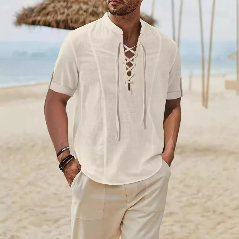 Men's Casual Cotton Linen Stand Collar Lace-up Loose Short-sleeved Shirt 04583620M sold by Manly product image thumbnail 2