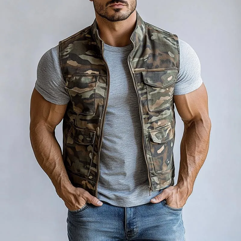 Men's Fashion Camouflage Washed Stand Collar Multi-Pocket Zipper Vest 77191199Y sold by Manly product image thumbnail 3