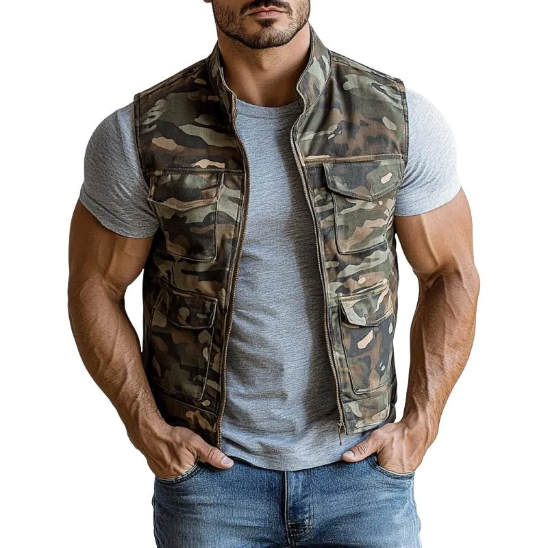 Men's Fashion Camouflage Washed Stand Collar Multi-Pocket Zipper Vest 77191199Y sold by Manly