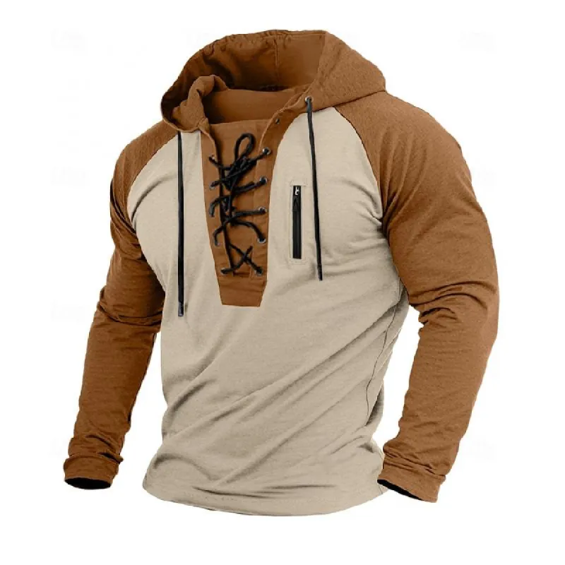 Men's Sports Slim Fit Colorblock Tie Hooded Raglan Long Sleeve T-Shirt 38500338Y made by Manly