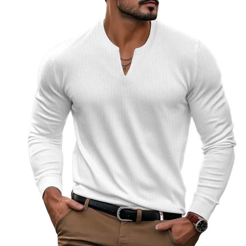 Men's Fashion Waffle V Neck Slim Fit Long Sleeve T-Shirt 21248183Y sold by Manly