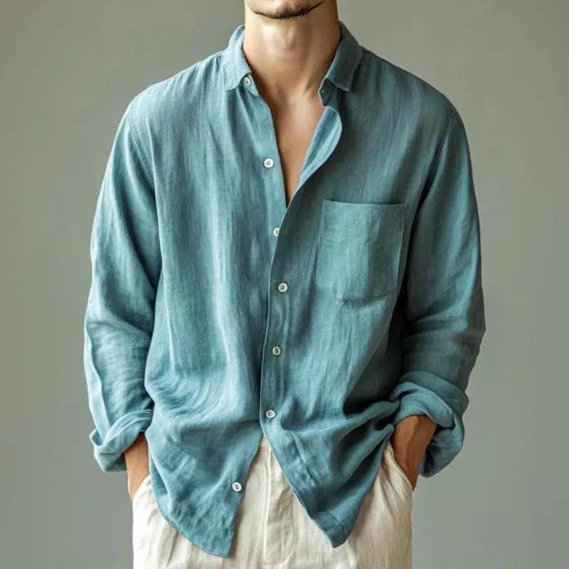 Men's Retro Casual Solid Color Linen Lapel Long Sleeve Shirt 03931341TO sold by Manly product image thumbnail 2