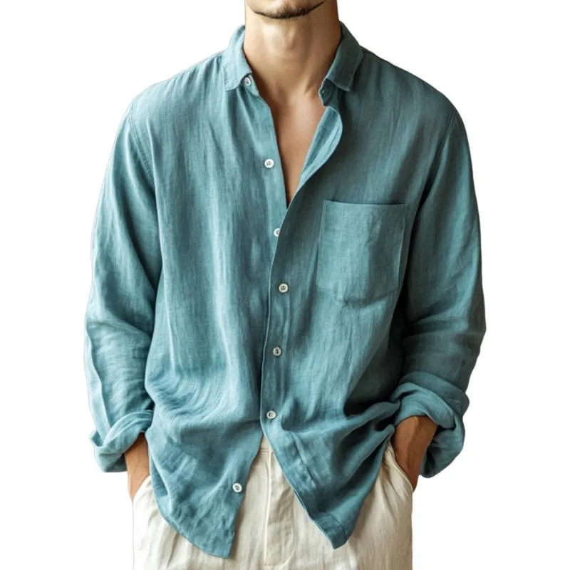Men's Retro Casual Solid Color Linen Lapel Long Sleeve Shirt 03931341TO sold by Manly