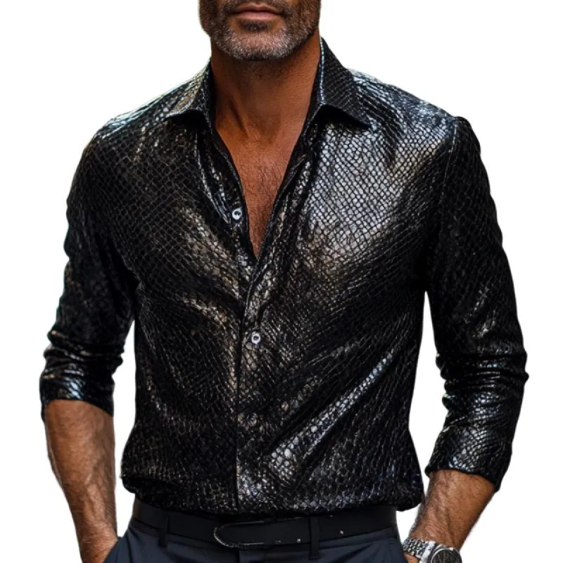 Men's Lapel Textured Leather Long Sleeve Shirt 76687914F sold by Manly