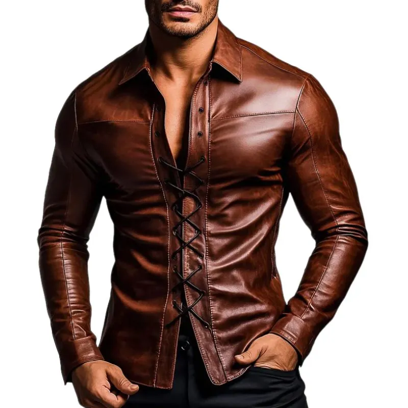 Men's Vintage Lapel Drawstring Leather Shirt 09449619F sold by Manly