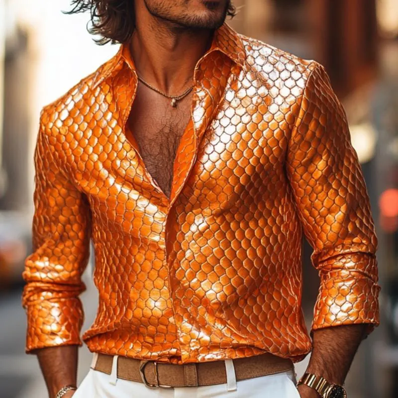 Men's Fashion Lapel Fish Scale Textured Leather Long Sleeve Shirt 90945031F sold by Manly product image thumbnail 2