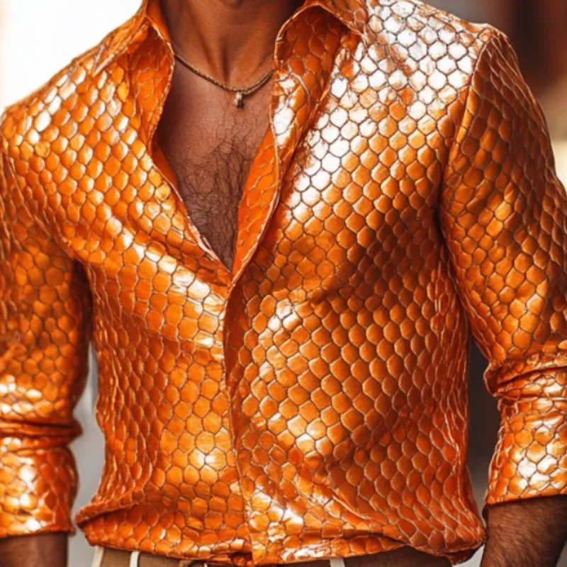 Men's Fashion Lapel Fish Scale Textured Leather Long Sleeve Shirt 90945031F sold by Manly product image thumbnail 3