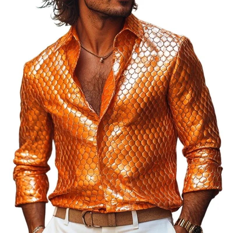 Men's Fashion Lapel Fish Scale Textured Leather Long Sleeve Shirt 90945031F sold by Manly