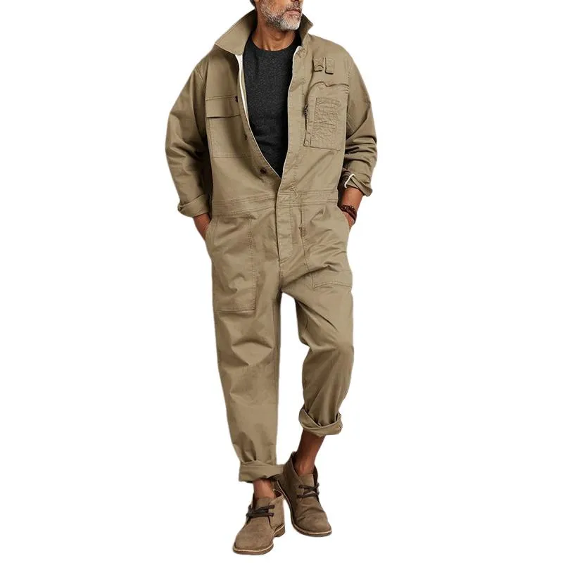 Men's Solid Color Cotton Lapel Long Sleeve Multi-pocket Cargo Jumpsuit 44670523Z sold by Manly
