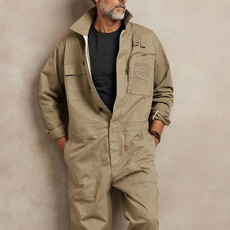 Men's Solid Color Cotton Lapel Long Sleeve Multi-pocket Cargo Jumpsuit 44670523Z sold by Manly product image thumbnail 3
