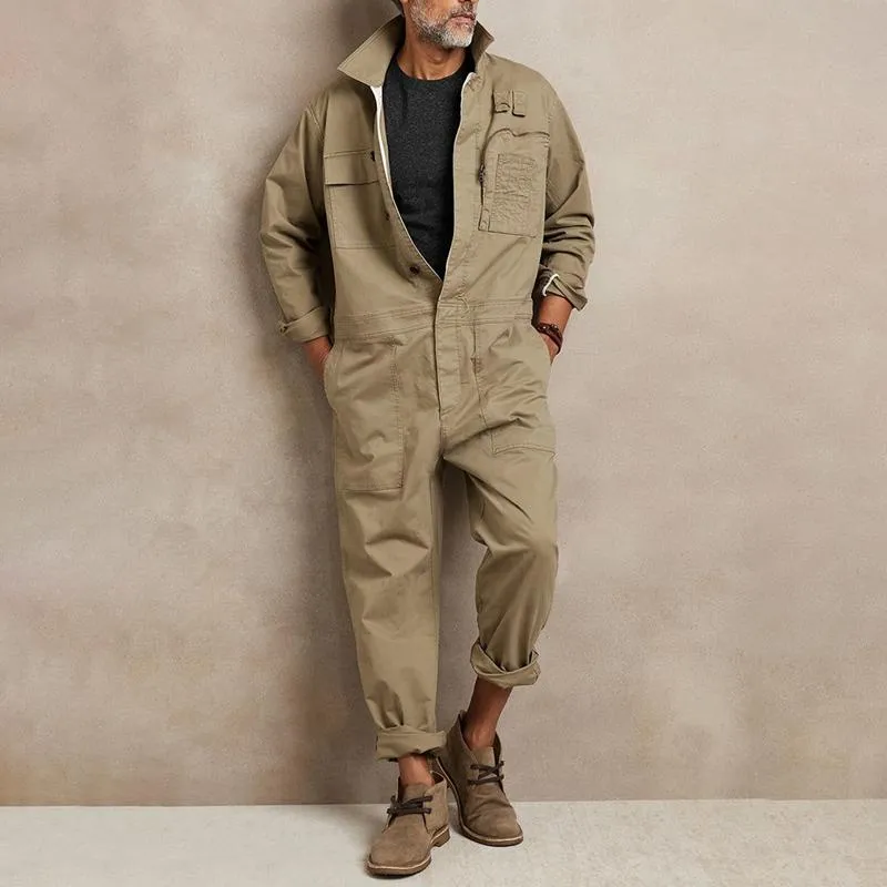 Men's Solid Color Cotton Lapel Long Sleeve Multi-pocket Cargo Jumpsuit 44670523Z sold by Manly product image thumbnail 2
