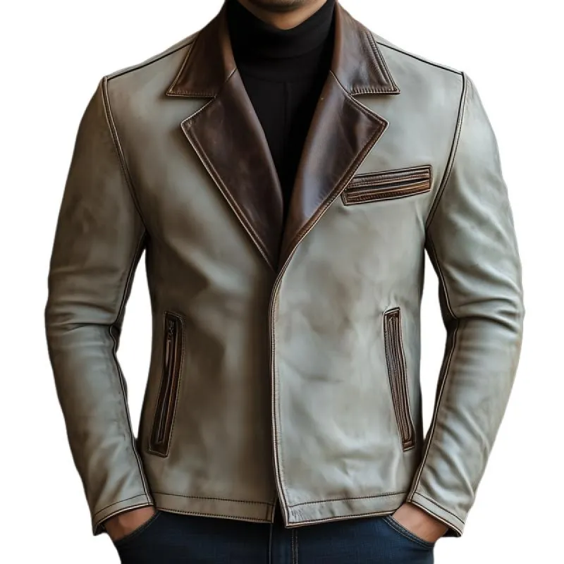 Men's Colorblock Notch Lapel Multi-pocket Slim Leather Jacket 11204989Z sold by Manly
