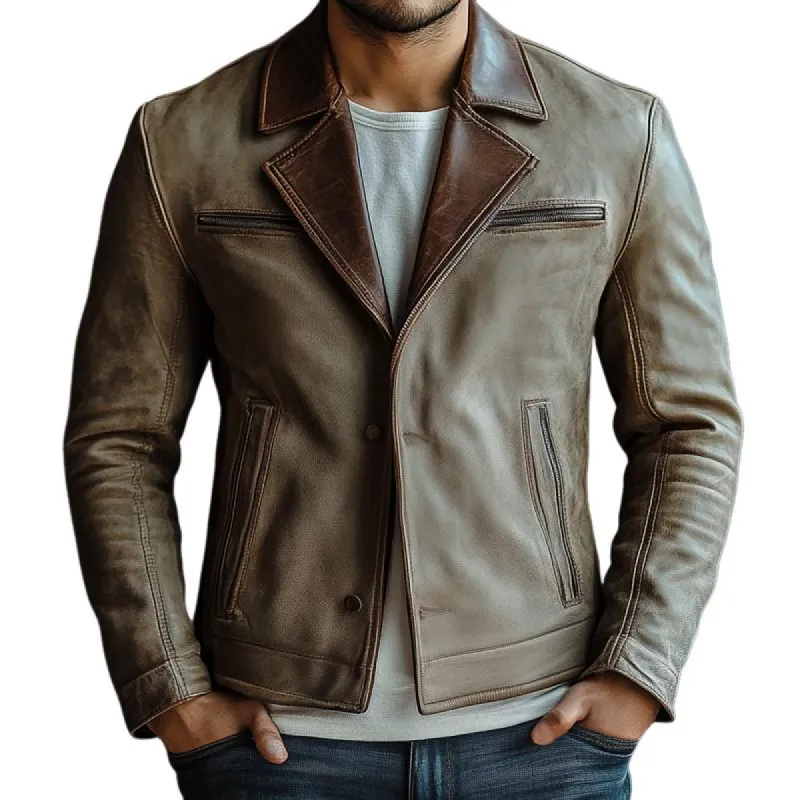Men's Colorblock Notch Lapel Multi-pocket Slim Leather Jacket 56306688Z sold by Manly