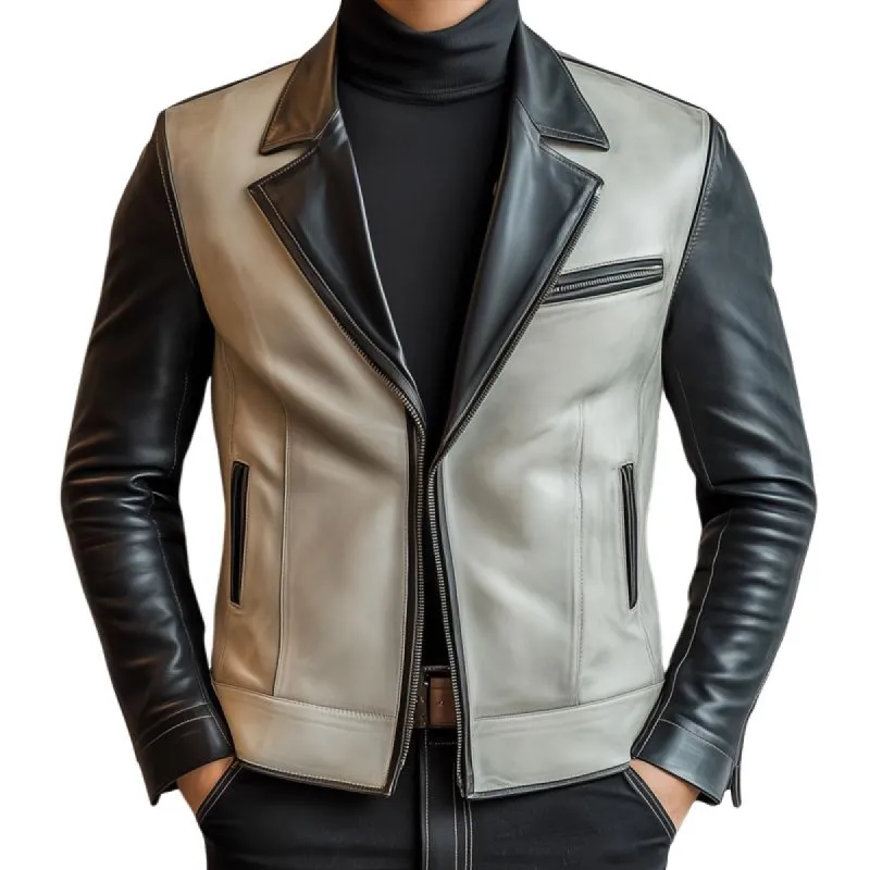 Men's Colorblock Notch Lapel Multi-pocket Slim Leather Jacket 22615298Z sold by Manly