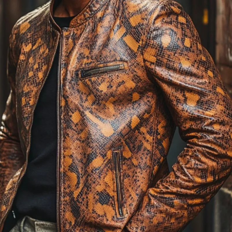 Men's Stylish Stand Collar Zippered Python Print Leather Jacket 08011777F sold by Manly product image thumbnail 3