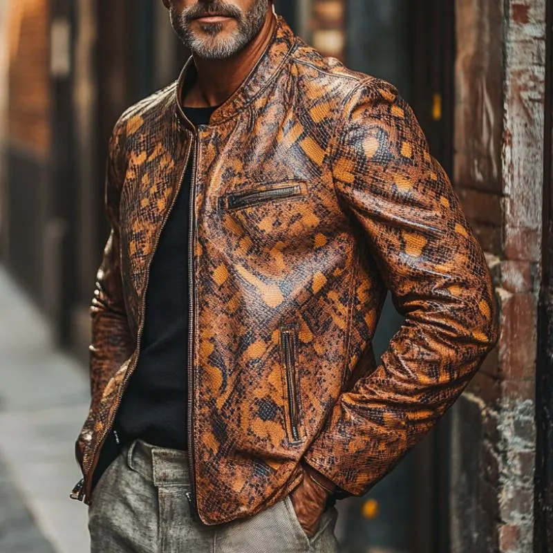 Men's Stylish Stand Collar Zippered Python Print Leather Jacket 08011777F sold by Manly product image thumbnail 2