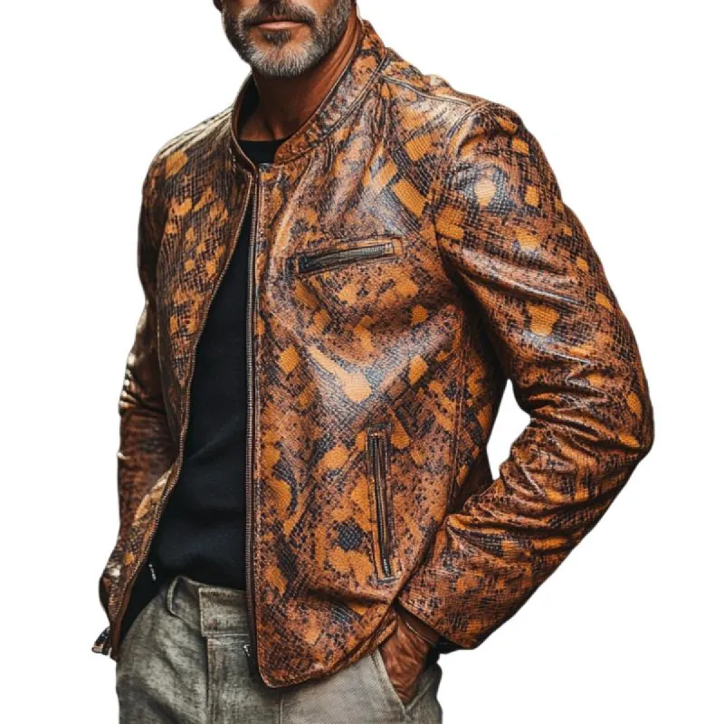 Men's Stylish Stand Collar Zippered Python Print Leather Jacket 08011777F sold by Manly