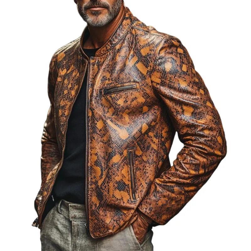Men's Stylish Stand Collar Zippered Python Print Leather Jacket 08011777F sold by Manly