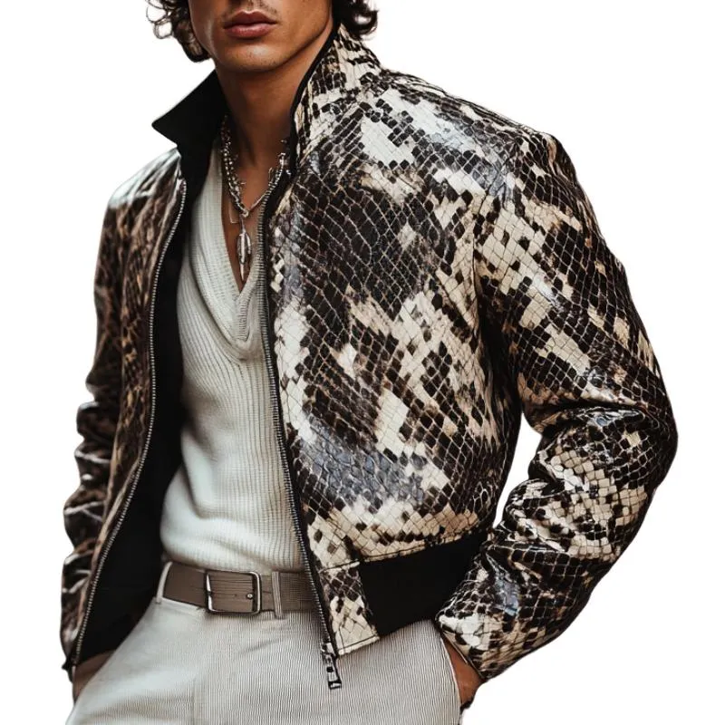 Men's Casual Stand Collar Zipper Python Textured Leather Jacket 12293266F sold by Manly