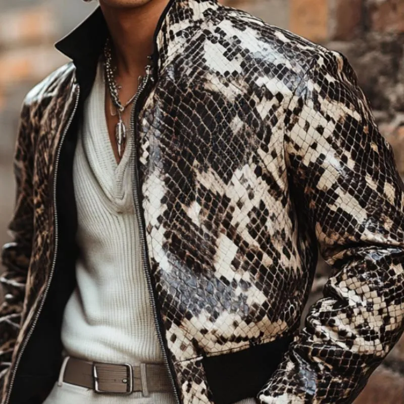 Men's Casual Stand Collar Zipper Python Textured Leather Jacket 12293266F sold by Manly product image thumbnail 3