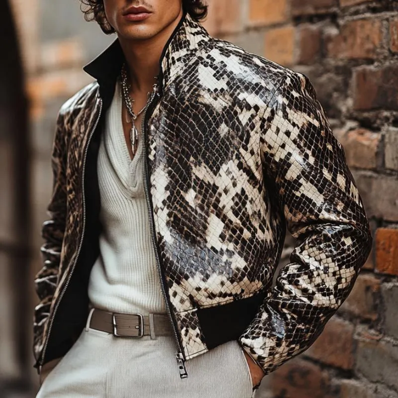 Men's Casual Stand Collar Zipper Python Textured Leather Jacket 12293266F sold by Manly product image thumbnail 2