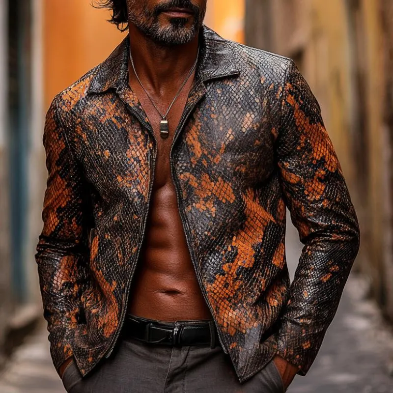 Men's Vintage Lapel Zipper Python Textured Leather Jacket 01771617F sold by Manly product image thumbnail 2