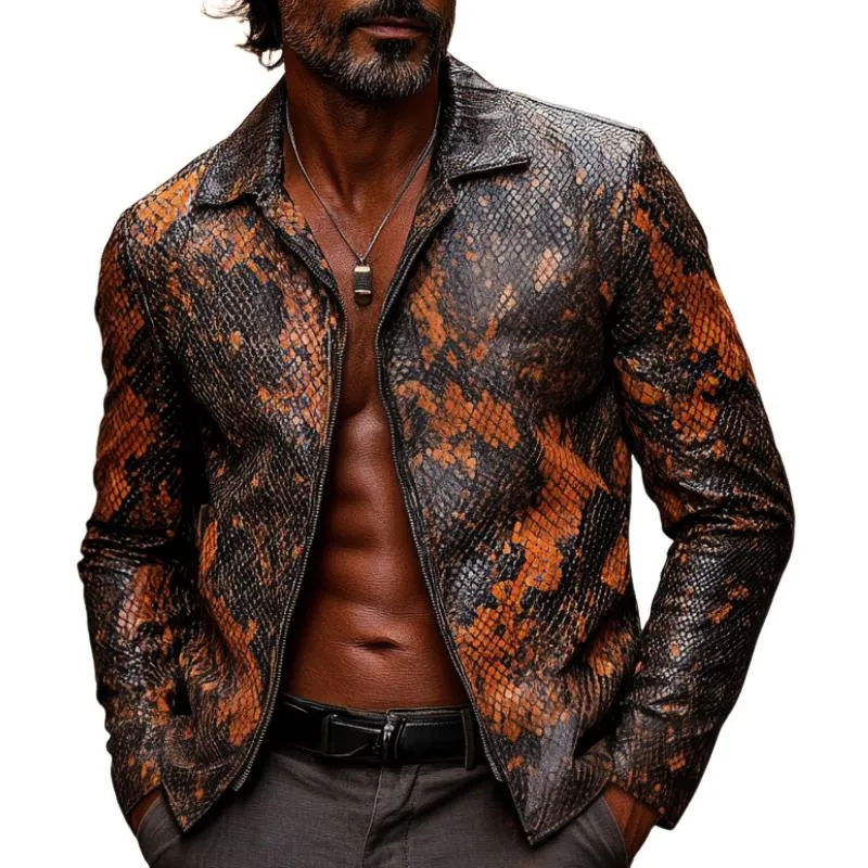 Men's Vintage Lapel Zipper Python Textured Leather Jacket 01771617F sold by Manly