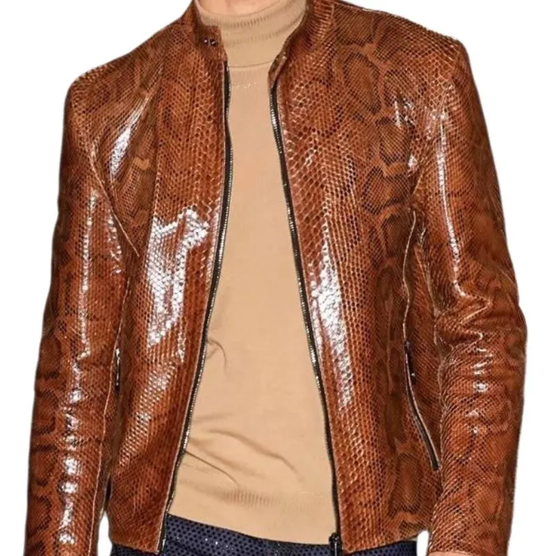 Men's Vintage Stand Collar Zip Glossy Snake Print Leather Jacket 24350502F sold by Manly product image thumbnail 2