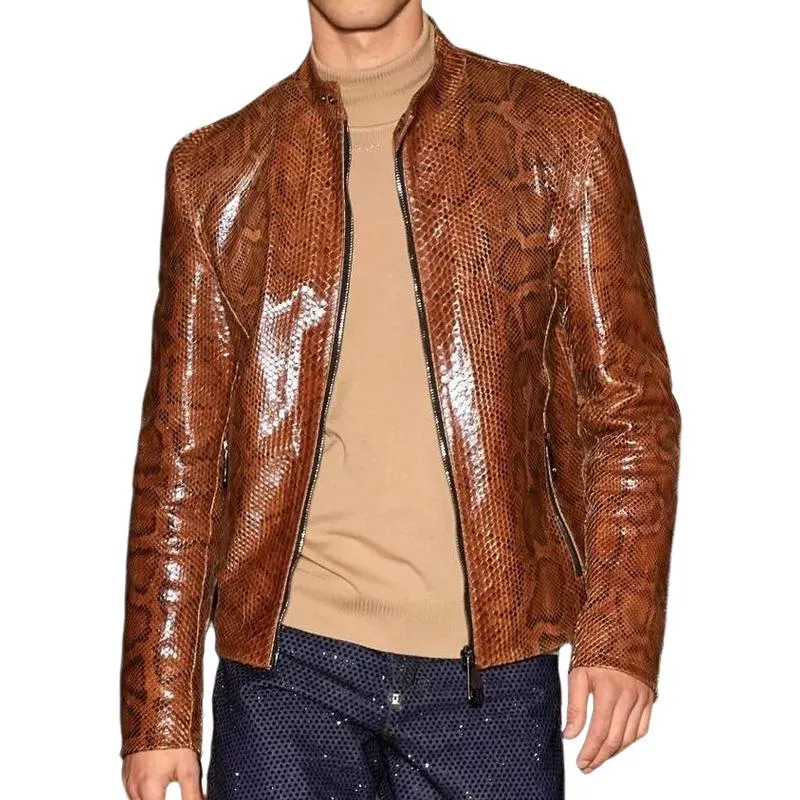 Men's Vintage Stand Collar Zip Glossy Snake Print Leather Jacket 24350502F sold by Manly