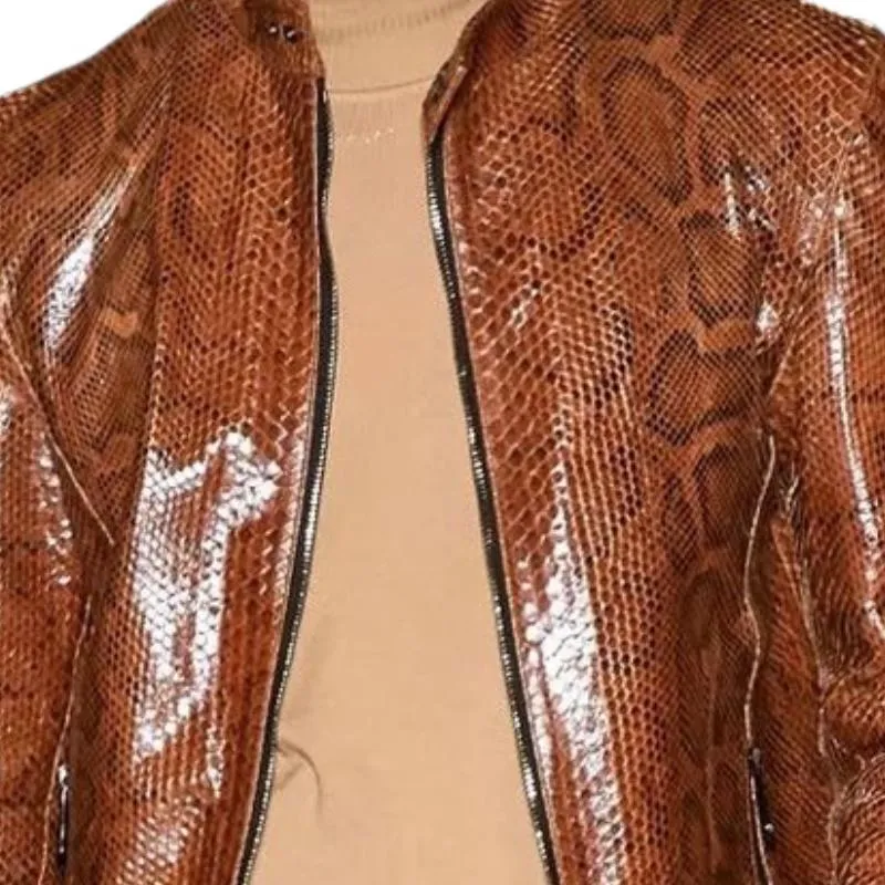 Men's Vintage Stand Collar Zip Glossy Snake Print Leather Jacket 24350502F sold by Manly product image thumbnail 3