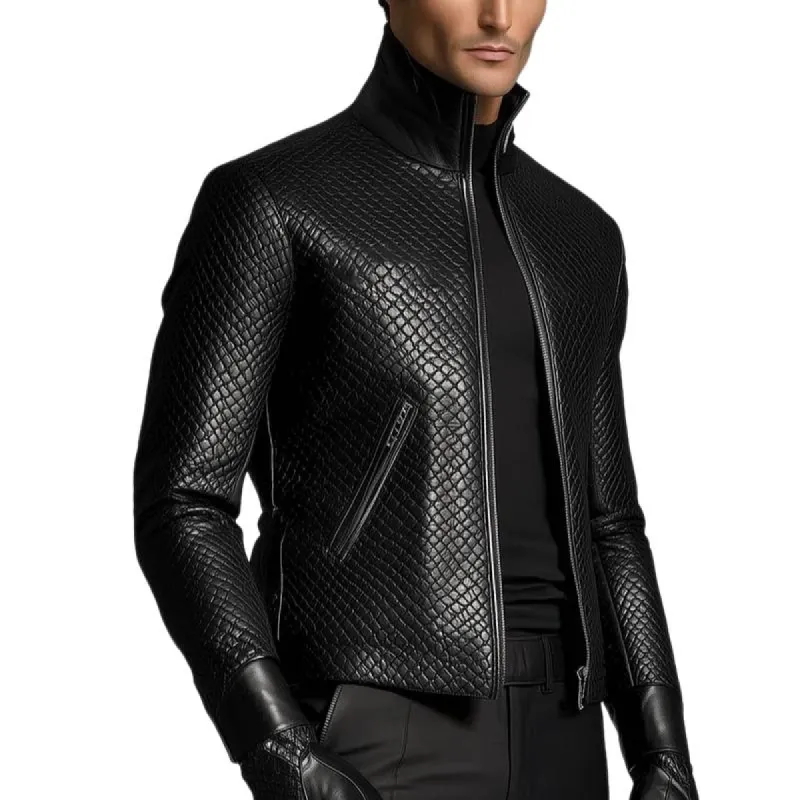 Men's Classic Stand Collar Zippered Textured Leather Jacket 15451128F sold by Manly