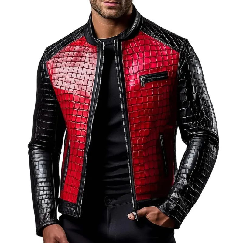 Men's Stylish Stand Collar Zipper Stone Pattern Leather Jacket 27623322F sold by Manly