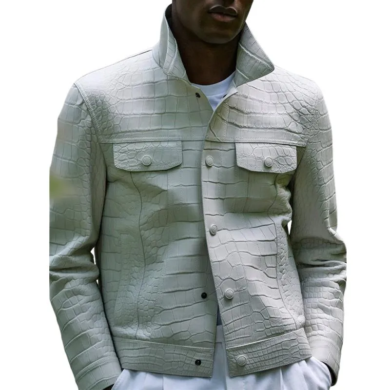 Men's Casual Fashion Lapel Multi-Pocket Textured Leather Jacket 48726069K sold by Manly