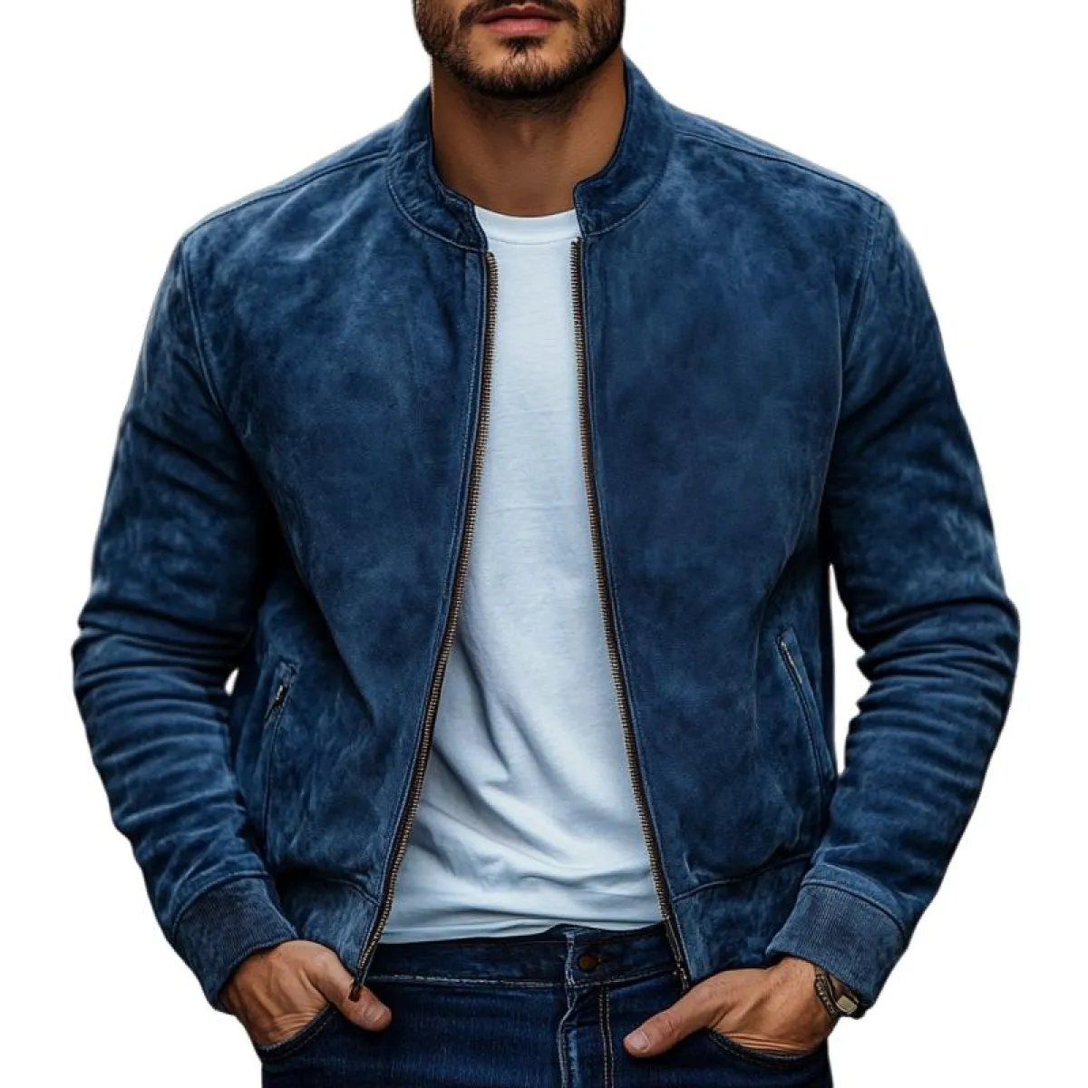 Men's Casual Fashion Stand Collar Zipper Suede Jacket 06565308K sold by Manly