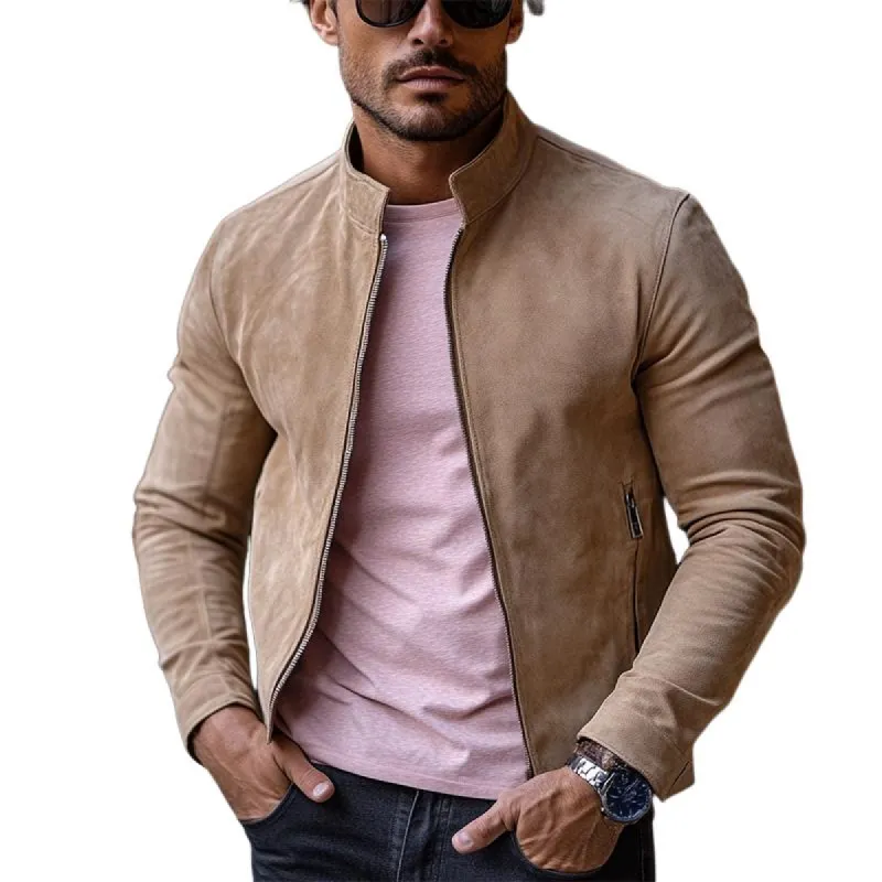 Men's Stylish Casual Solid Color Stand Collar Zipper Suede Jacket 88910192K sold by Manly