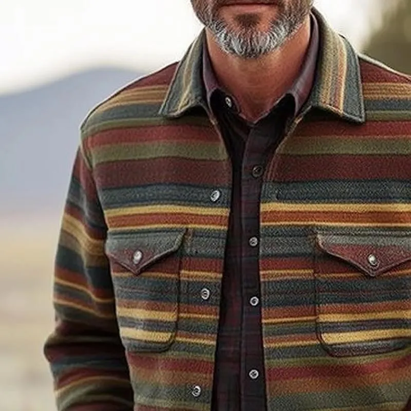 Men's Coloring Striped Lapel Long Sleeve Shirt Jacket 78870314Z sold by Manly product image thumbnail 3