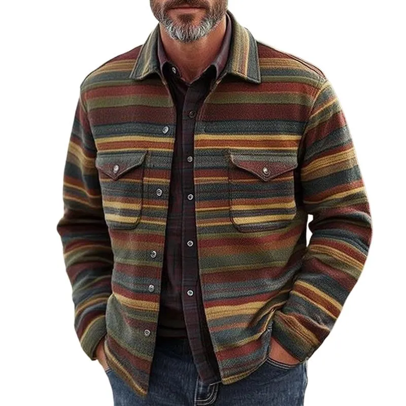 Men's Coloring Striped Lapel Long Sleeve Shirt Jacket 78870314Z sold by Manly