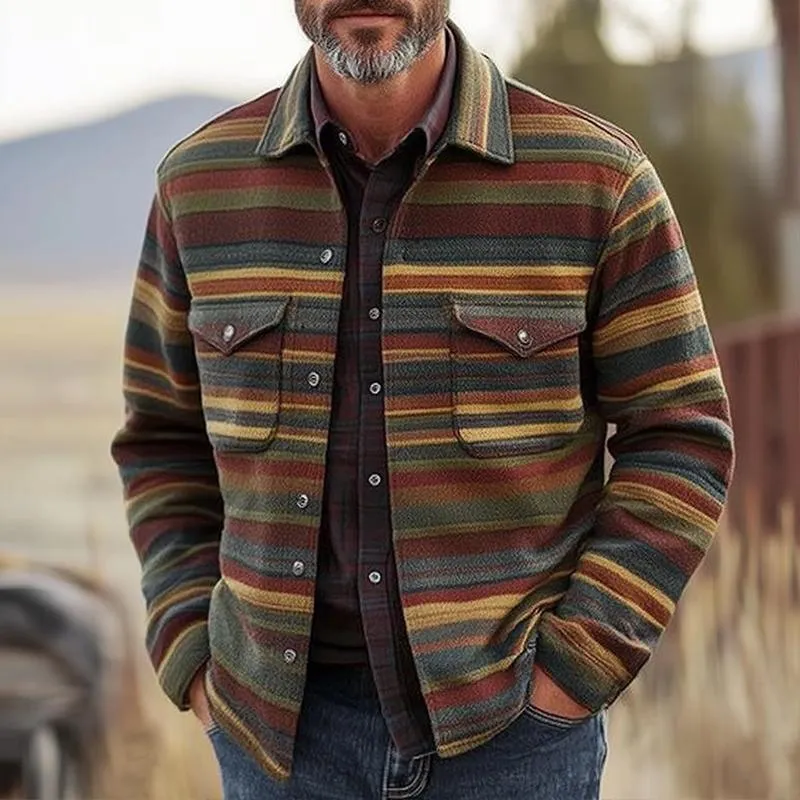 Men's Coloring Striped Lapel Long Sleeve Shirt Jacket 78870314Z sold by Manly product image thumbnail 2