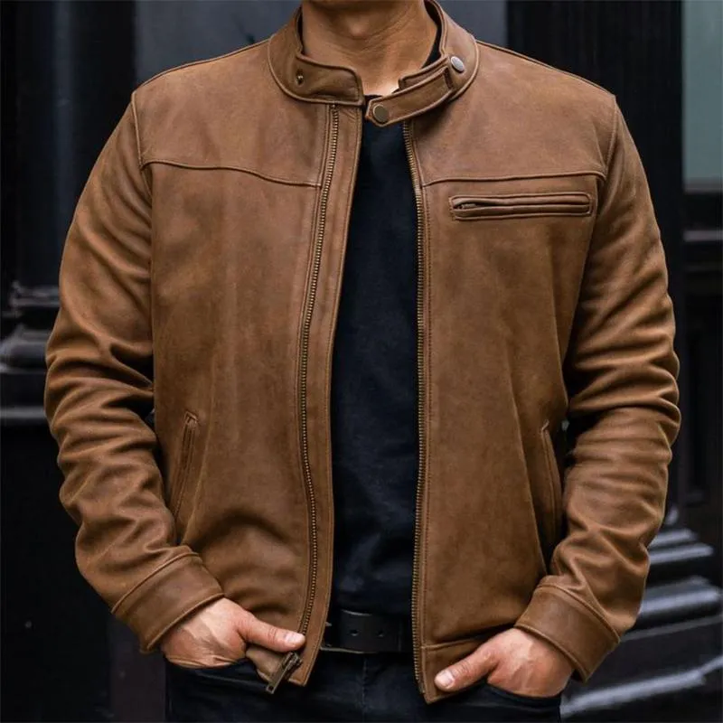 Men's Vintage Snap Collar Zipper Leather Jacket 89955887U sold by Manly product image thumbnail 2