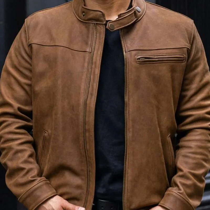 Men's Vintage Snap Collar Zipper Leather Jacket 89955887U sold by Manly product image thumbnail 4