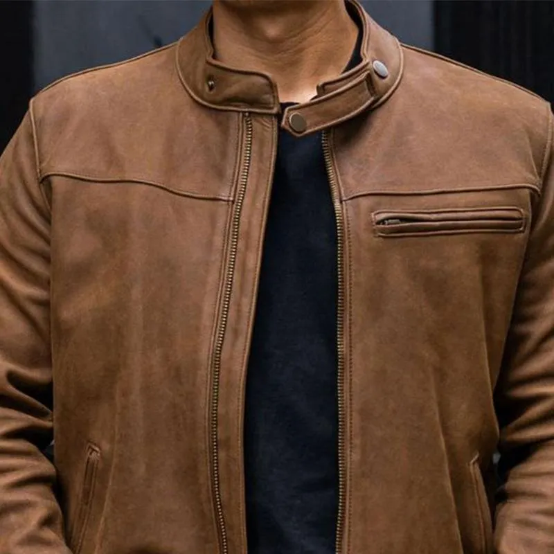 Men's Vintage Snap Collar Zipper Leather Jacket 89955887U sold by Manly product image thumbnail 3