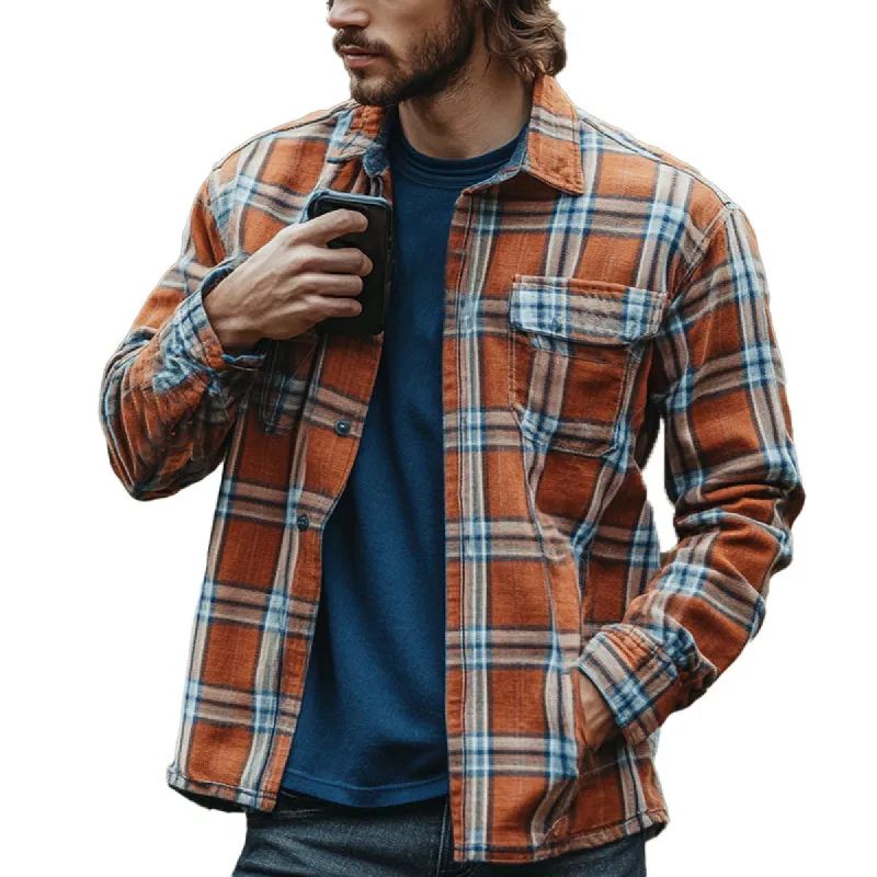 Men's Casual Orange Plaid Button-Down Long Sleeve Shirt 72441720U sold by Manly