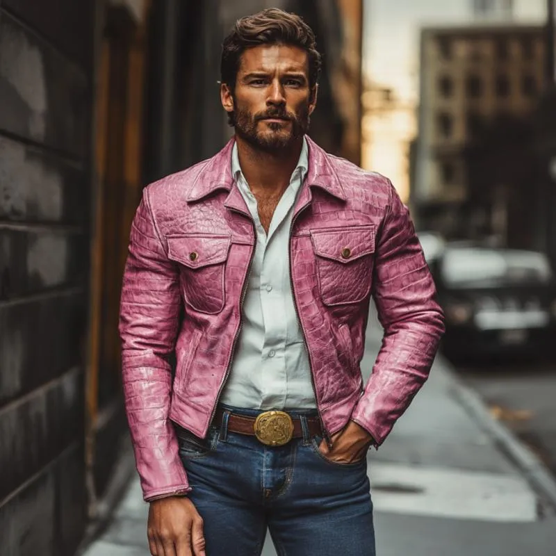 Men's Vintage Crocodile Leather Lapel Zipper Slim Jacket 99399305M sold by Manly product image thumbnail 3