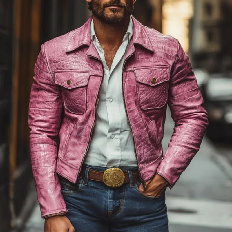 Men's Vintage Crocodile Leather Lapel Zipper Slim Jacket 99399305M sold by Manly product image thumbnail 2