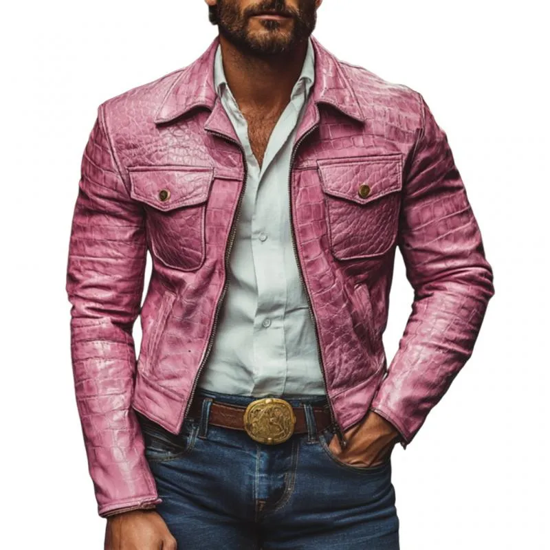 Men's Vintage Crocodile Leather Lapel Zipper Slim Jacket 99399305M sold by Manly