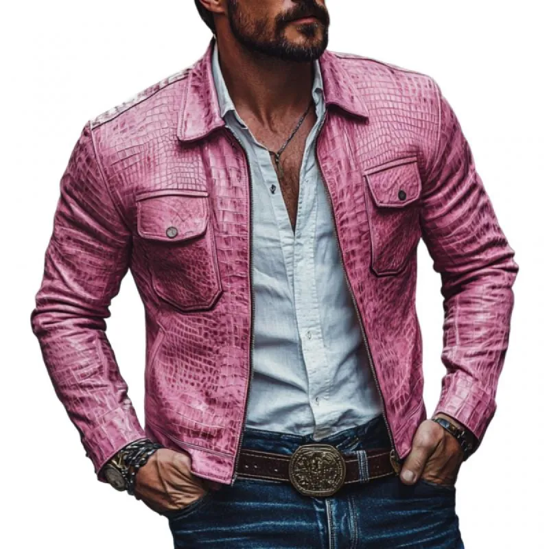 Men's Vintage Crocodile Leather Lapel Zipper Slim Jacket 04087325M sold by Manly