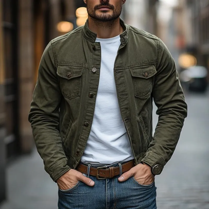 Men's Vintage Washed Denim Stand Collar Single Breasted Slim Fit Jacket 21125838M sold by Manly product image thumbnail 2