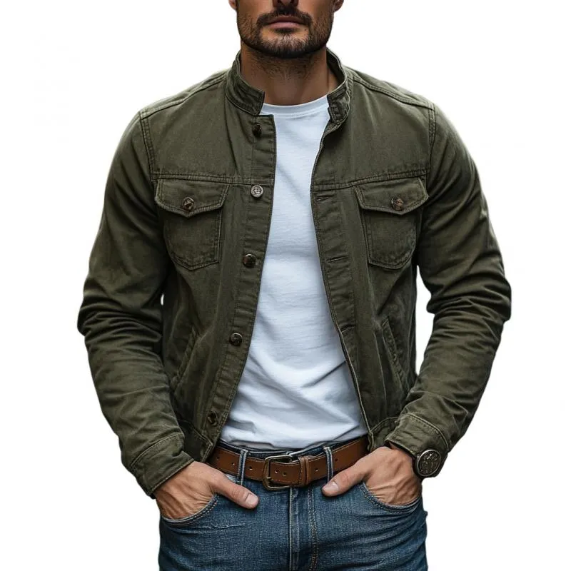 Men's Vintage Washed Denim Stand Collar Single Breasted Slim Fit Jacket 21125838M sold by Manly