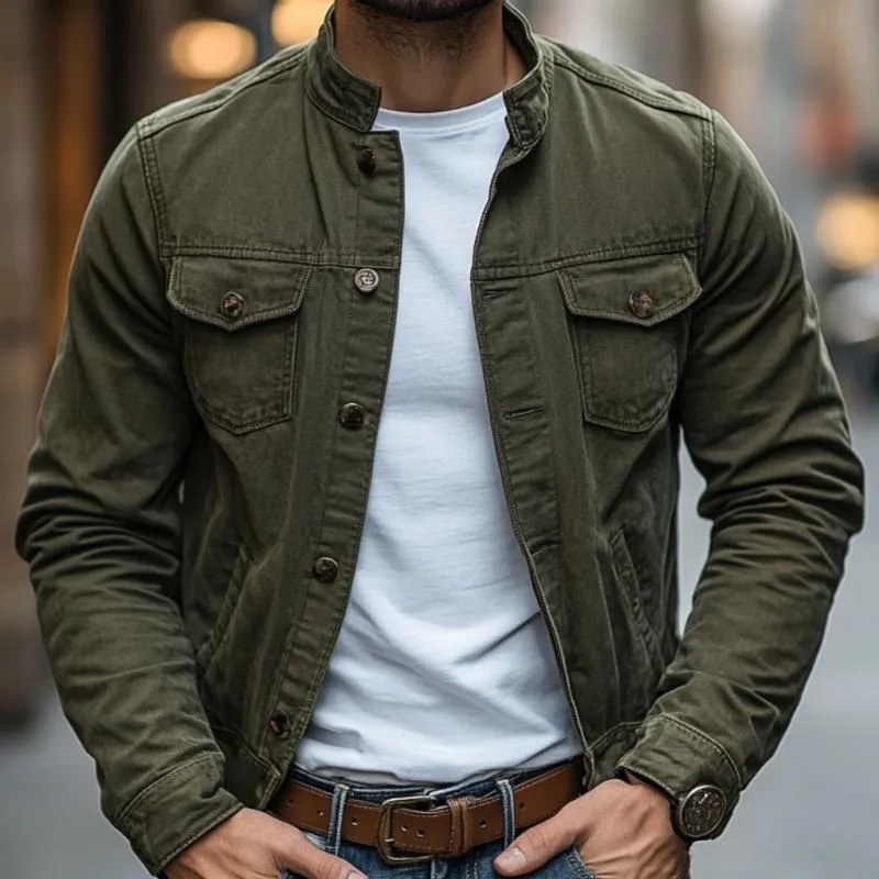 Men's Vintage Washed Denim Stand Collar Single Breasted Slim Fit Jacket 21125838M sold by Manly product image thumbnail 3